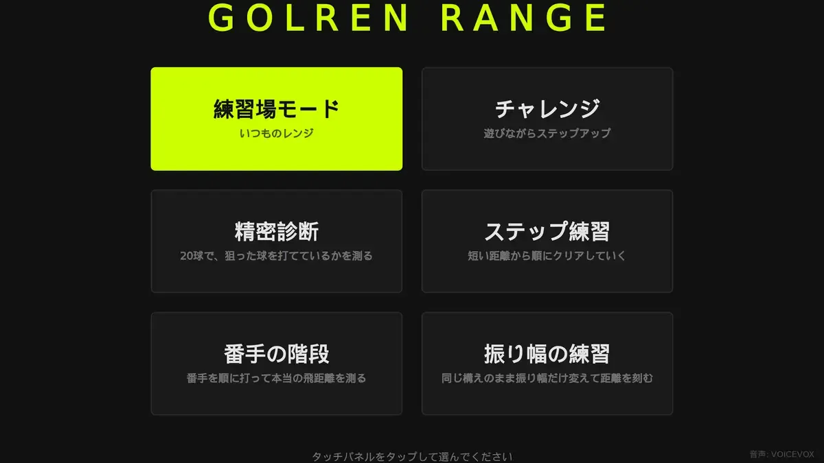 打席のトップメニュー。6つのメニューが並んでいる