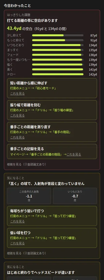 精密診断のレポート画面。打てる距離の帯の空白を指摘し、次にやることが並んでいる